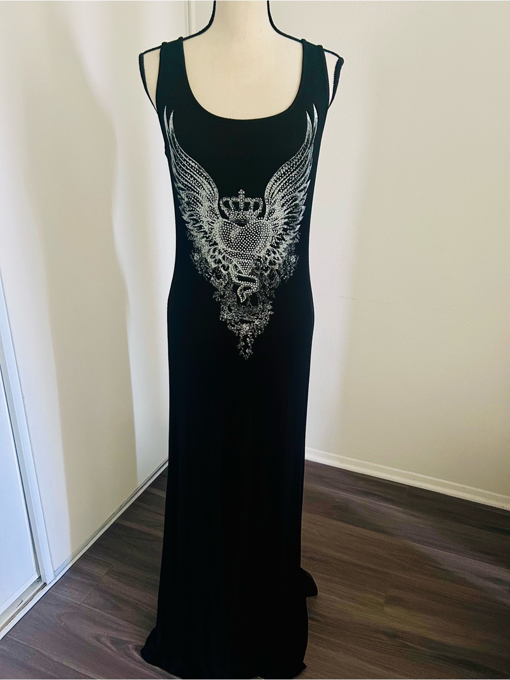 S-12 Ribbed Black Maxi Dress Bling Angel Wing & Crown Embellishments Mcbling L